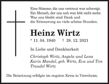 Todesanzeige von Heinz Wirtz von saarbruecker_zeitung