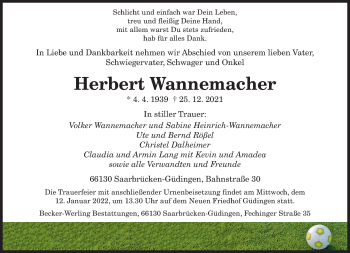 Todesanzeige von Herbert Wannemacher von saarbruecker_zeitung