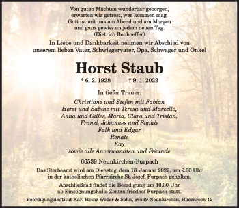 Todesanzeige von Horst Staub von saarbruecker_zeitung