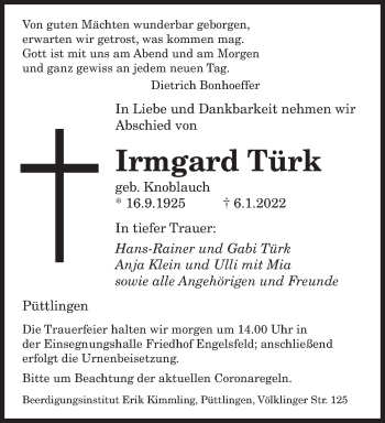 Todesanzeige von Irmgard Türk von saarbruecker_zeitung