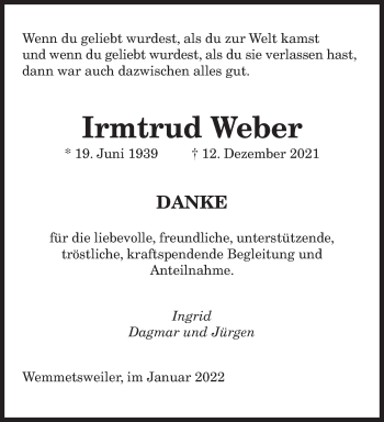 Todesanzeige von Irmtrud Weber von saarbruecker_zeitung