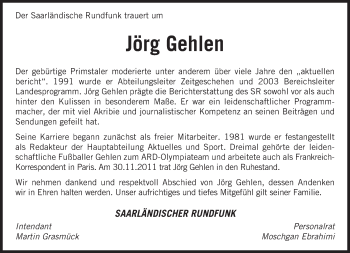 Todesanzeige von Jörg Gehlen von saarbruecker_zeitung