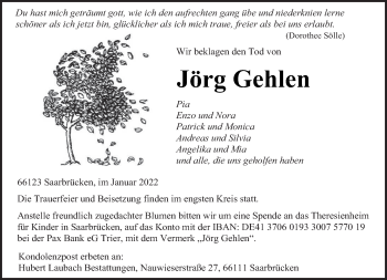 Todesanzeige von Jörg Gehlen von saarbruecker_zeitung