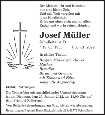 Todesanzeige von Josef Müller von saarbruecker_zeitung