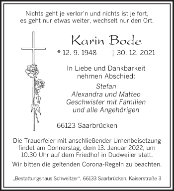 Todesanzeige von Karin Bode von saarbruecker_zeitung