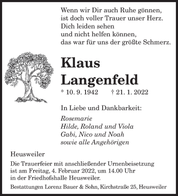 Todesanzeige von Klaus Langenfeld von saarbruecker_zeitung