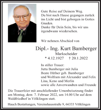 Todesanzeige von Kurt Bamberger von saarbruecker_zeitung