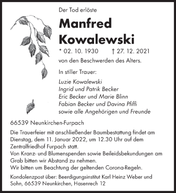 Todesanzeige von Manfred Kowalewski von saarbruecker_zeitung