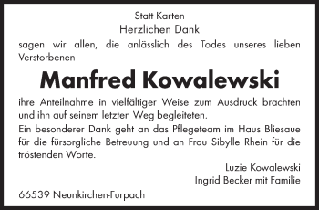 Todesanzeige von Manfred Kowalewski von saarbruecker_zeitung