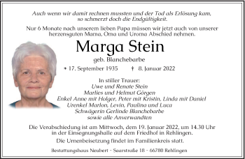 Todesanzeige von Marga Stein von saarbruecker_zeitung