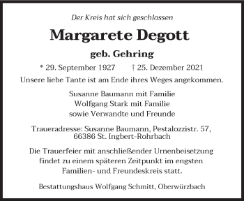 Todesanzeige von Margarete Degott von saarbruecker_zeitung