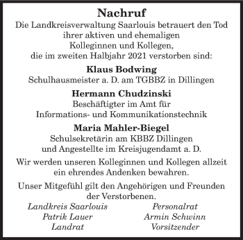 Todesanzeige von Nachruf Landkreisverwaltung Saarlouis von saarbruecker_zeitung