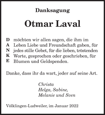 Todesanzeige von Otmar Laval von saarbruecker_zeitung