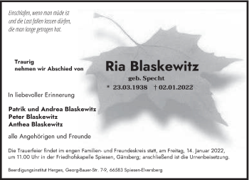 Todesanzeige von Ria Blaskewitz von saarbruecker_zeitung