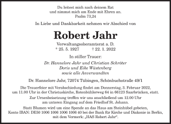 Todesanzeige von Robert Jahr von saarbruecker_zeitung