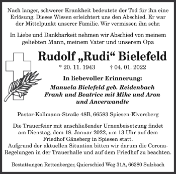 Todesanzeige von Rudolf Bielefeld von saarbruecker_zeitung