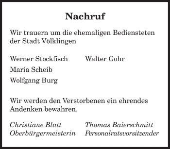 Todesanzeige von Stadt Völklingen trauert um von saarbruecker_zeitung