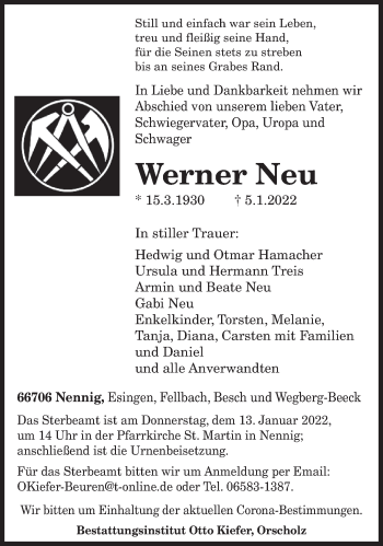 Todesanzeige von Werner Neu von saarbruecker_zeitung