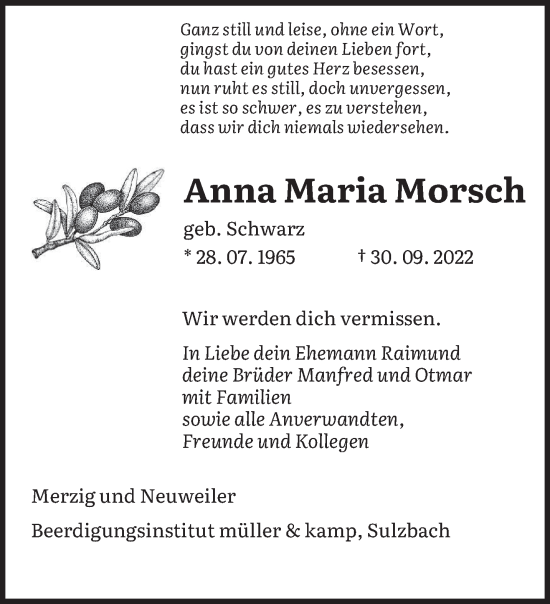 Todesanzeige von Anna Maria Morsch von saarbruecker_zeitung