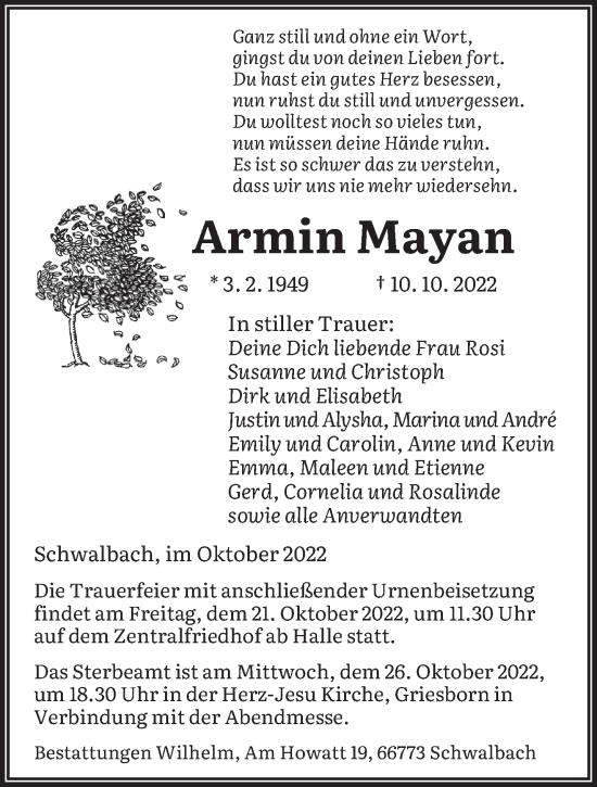 Todesanzeige von Armin Mayan von saarbruecker_zeitung