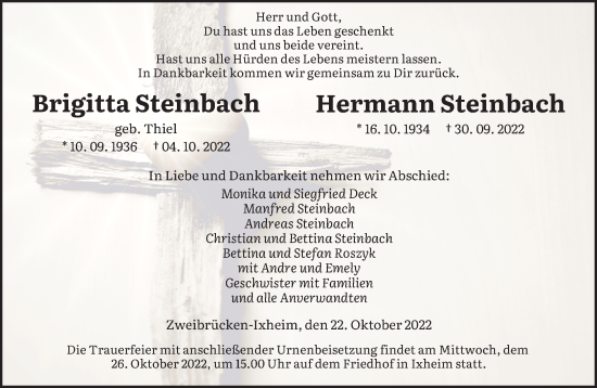 Todesanzeige von Brigitta und Hermann Steinbach von saarbruecker_zeitung