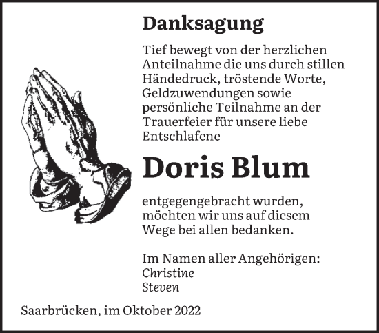 Todesanzeige von Doris Blum von saarbruecker_zeitung