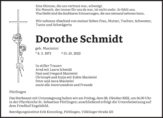 Todesanzeige von Dorothe Schmidt von saarbruecker_zeitung