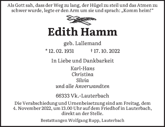 Todesanzeige von Edith Hamm von saarbruecker_zeitung