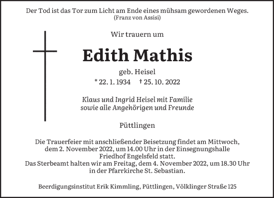 Todesanzeige von Edith Mathis von saarbruecker_zeitung