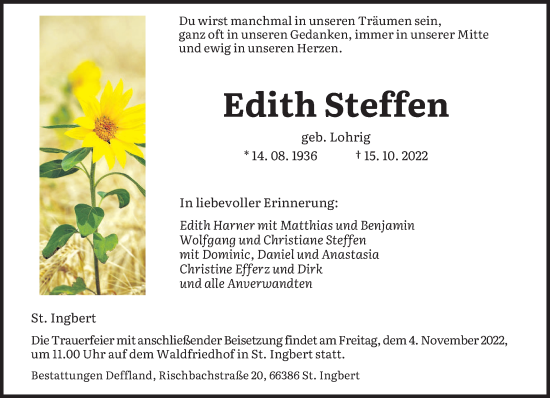 Todesanzeige von Edith Steffen von saarbruecker_zeitung