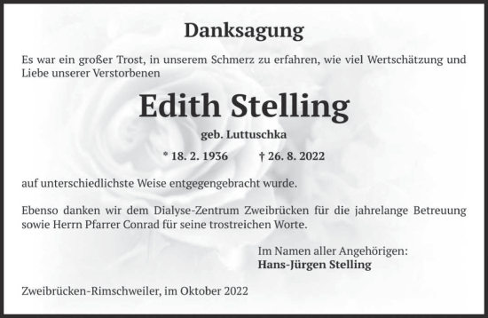 Todesanzeige von Edith Stelling von saarbruecker_zeitung