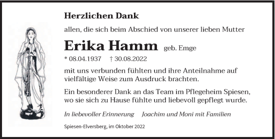 Todesanzeige von Erika Hamm von saarbruecker_zeitung