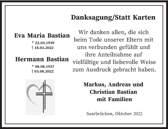 Todesanzeige von Eva Maria und Hermann Bastian von saarbruecker_zeitung