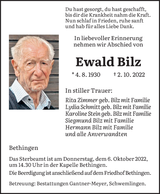Todesanzeige von Ewald Bilz von saarbruecker_zeitung