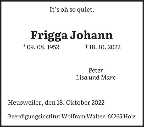 Todesanzeige von Frigga Johann von saarbruecker_zeitung