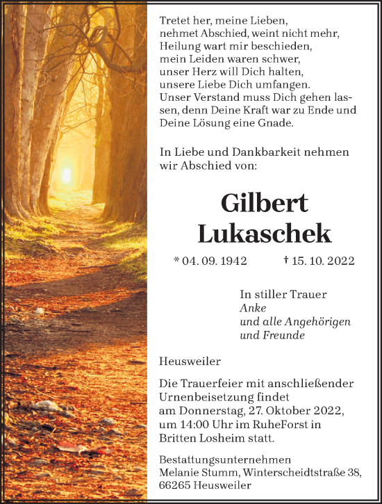 Todesanzeige von Gilbert Lukaschek von saarbruecker_zeitung