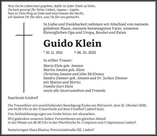 Todesanzeige von Guido Klein von saarbruecker_zeitung