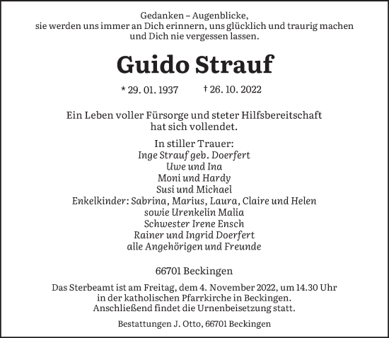 Todesanzeige von Guido Strauf von saarbruecker_zeitung