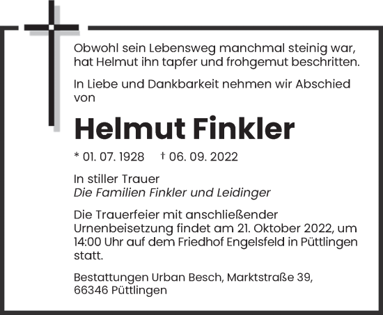 Todesanzeige von Helmut Finkler von saarbruecker_zeitung