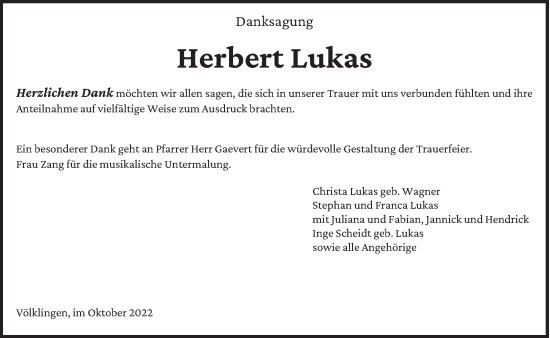 Todesanzeige von Herbert Lukas von saarbruecker_zeitung