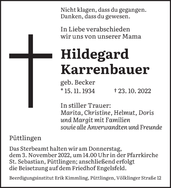 Todesanzeige von Hildegard Karrenbauer von saarbruecker_zeitung