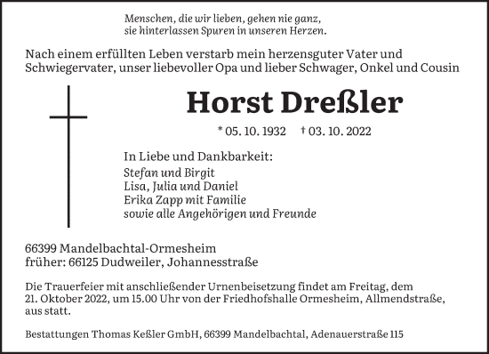 Todesanzeige von Horst Dreßler von saarbruecker_zeitung