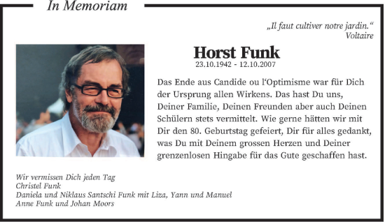 Todesanzeige von Horst Funk von saarbruecker_zeitung