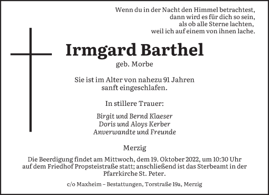 Todesanzeige von Irmgard Barthel von saarbruecker_zeitung