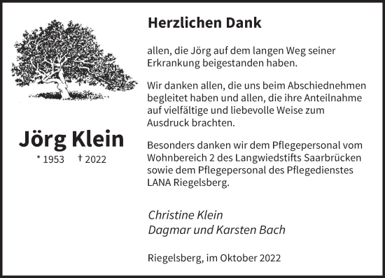 Todesanzeige von Jörg Klein von saarbruecker_zeitung