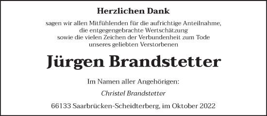 Todesanzeige von Jürgen Brandstetter von saarbruecker_zeitung