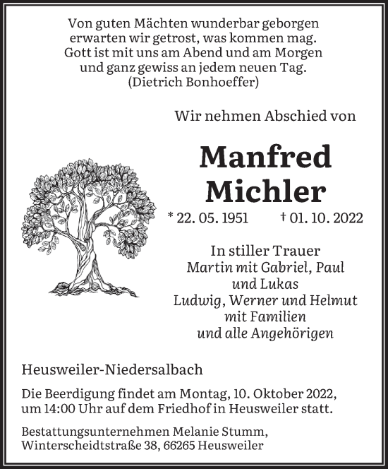 Todesanzeige von Manfred Michler von saarbruecker_zeitung