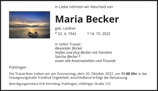 Todesanzeige von Maria Becker von saarbruecker_zeitung