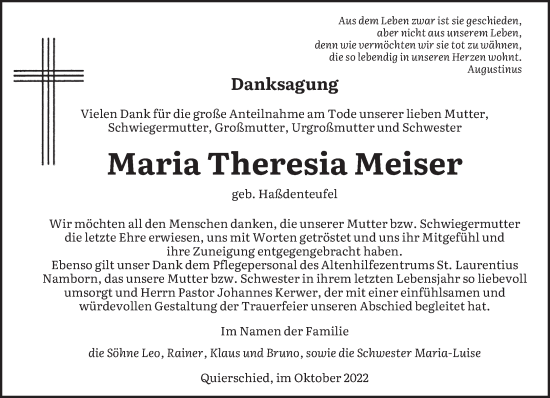 Todesanzeige von Maria Theresia Meiser von saarbruecker_zeitung