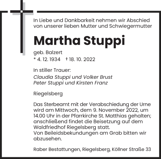 Todesanzeige von Martha Stuppi von saarbruecker_zeitung